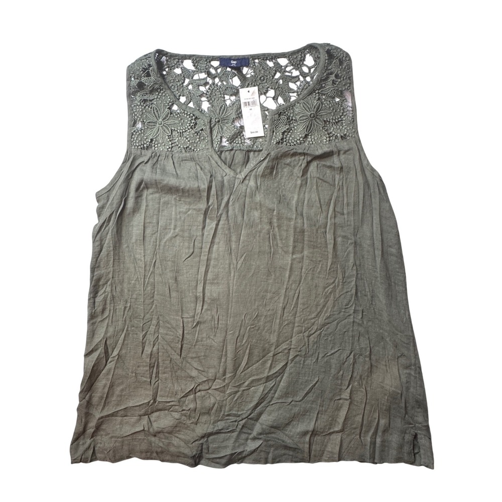 Gap Tank Top Womens XS Green Douglas Fir Embroidered Yoke Lace Sleeveless Cotton